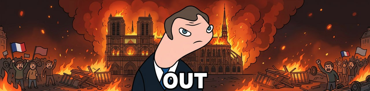 A fictional cartoon Paris protest scene with Mucron in the middle.