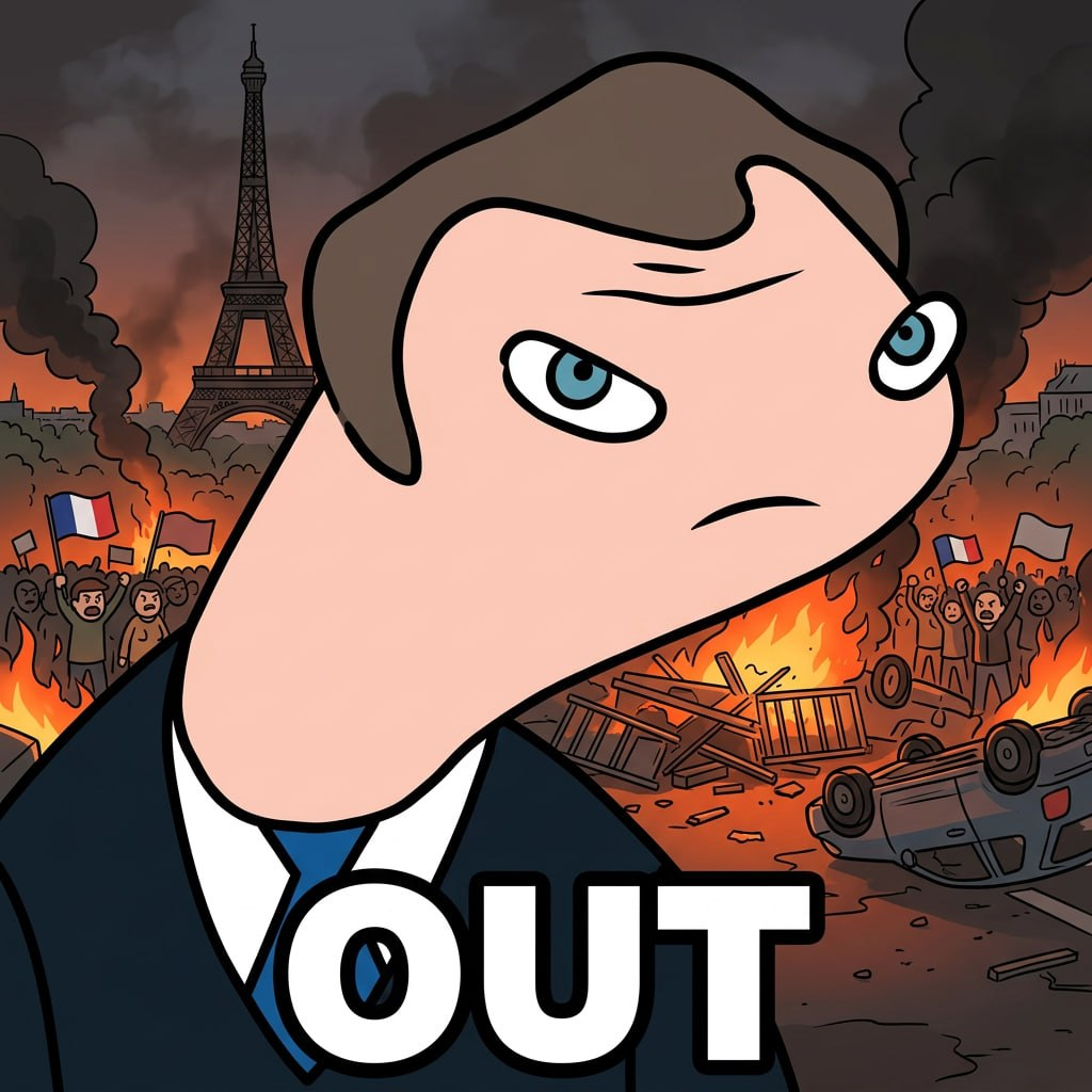 Long-necked cartoon Mucron looking unamused, with a satirical Paris protest scene behind him.